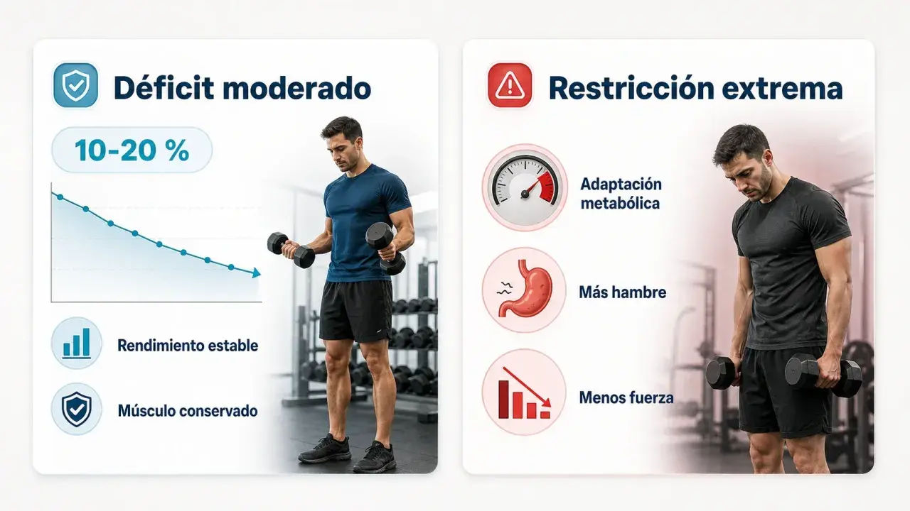 Comparativa: cómo hacer un déficit calórico moderado (10-20%) para rendimiento estable y músculo conservado, vs. restricción extrema con adaptación metabólica, más hambre y menos fuerza.