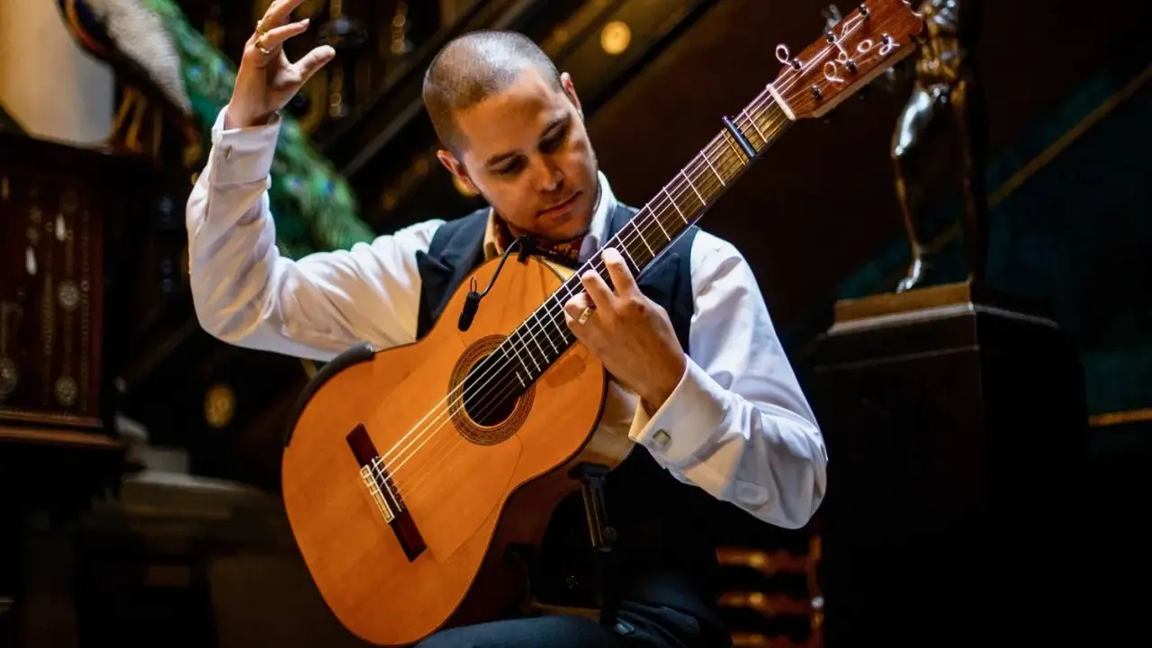 Un guitarrista flamenco interpreta las mejores letras, con pasión y arte, mientras un pavo real observa atentamente.