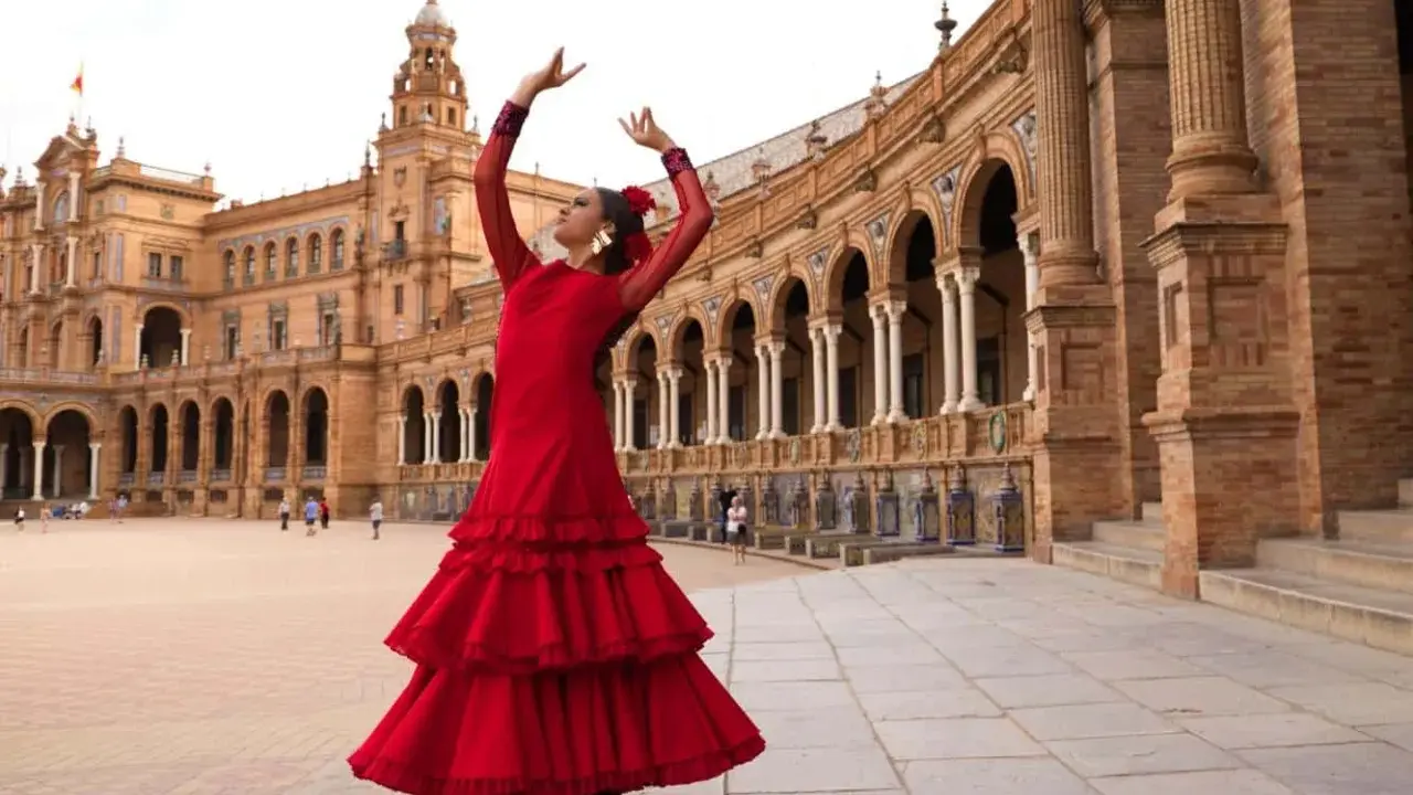 Una sevillana flamenca baila con pasión frente a un edificio histórico.