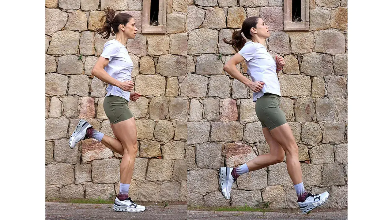 Mujer corriendo a toda velocidad contra un muro de piedra. Su cuerpo muestra la potencia y el dinamismo del correr.