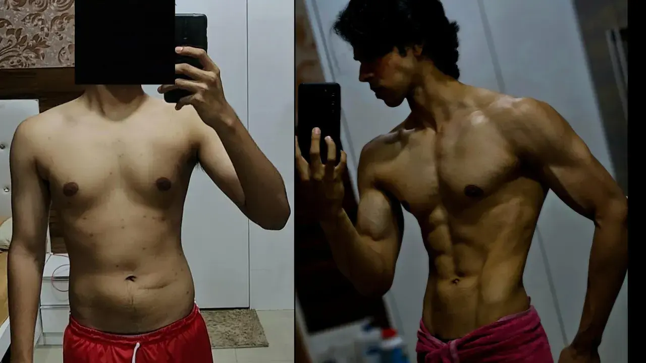 Transformación: antes, un cuerpo con poca definición; después, una impresionante recomposición corporal con músculos marcados.