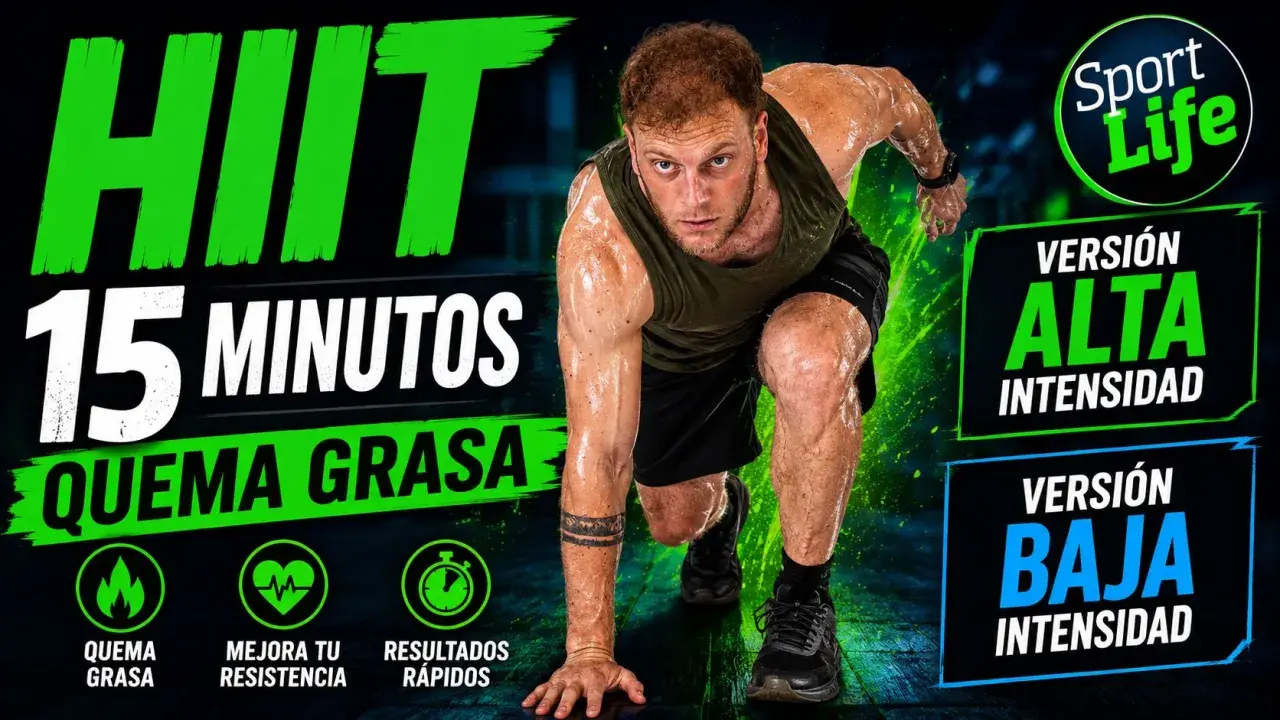 Hombre sudoroso en posición de carrera, listo para un entrenamiento de cardio hiit de 15 minutos. Quema grasa, mejora resistencia.
