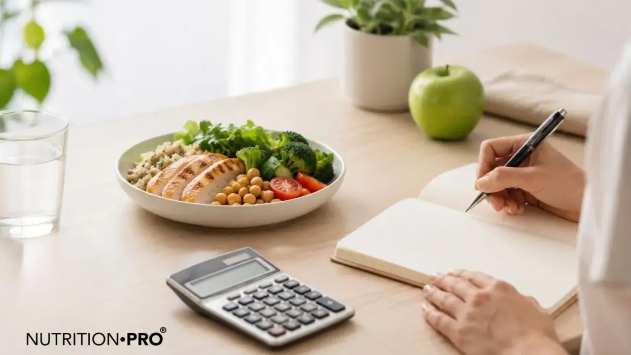 Calculadora y plato de comida saludable junto a una persona anotando en un cuaderno, para saber cuantas calorias necesito.