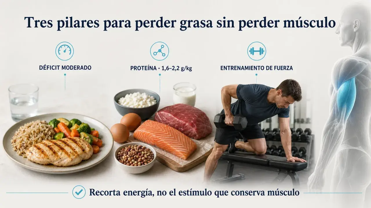 Comida para marcar abdominales: pollo, salmón, carne, huevos, lácteos y frutos secos. Combinado con déficit moderado y entrenamiento de fuerza.