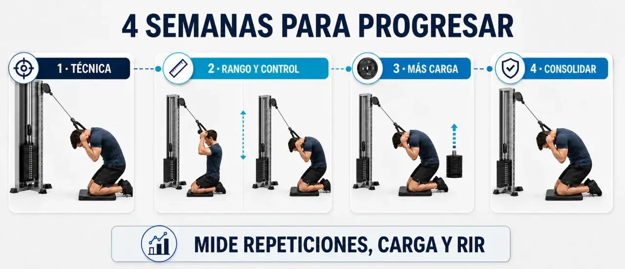 Progresión de 4 semanas para abdominales superiores con polea. Mejora técnica, rango, control, carga y consolida.
