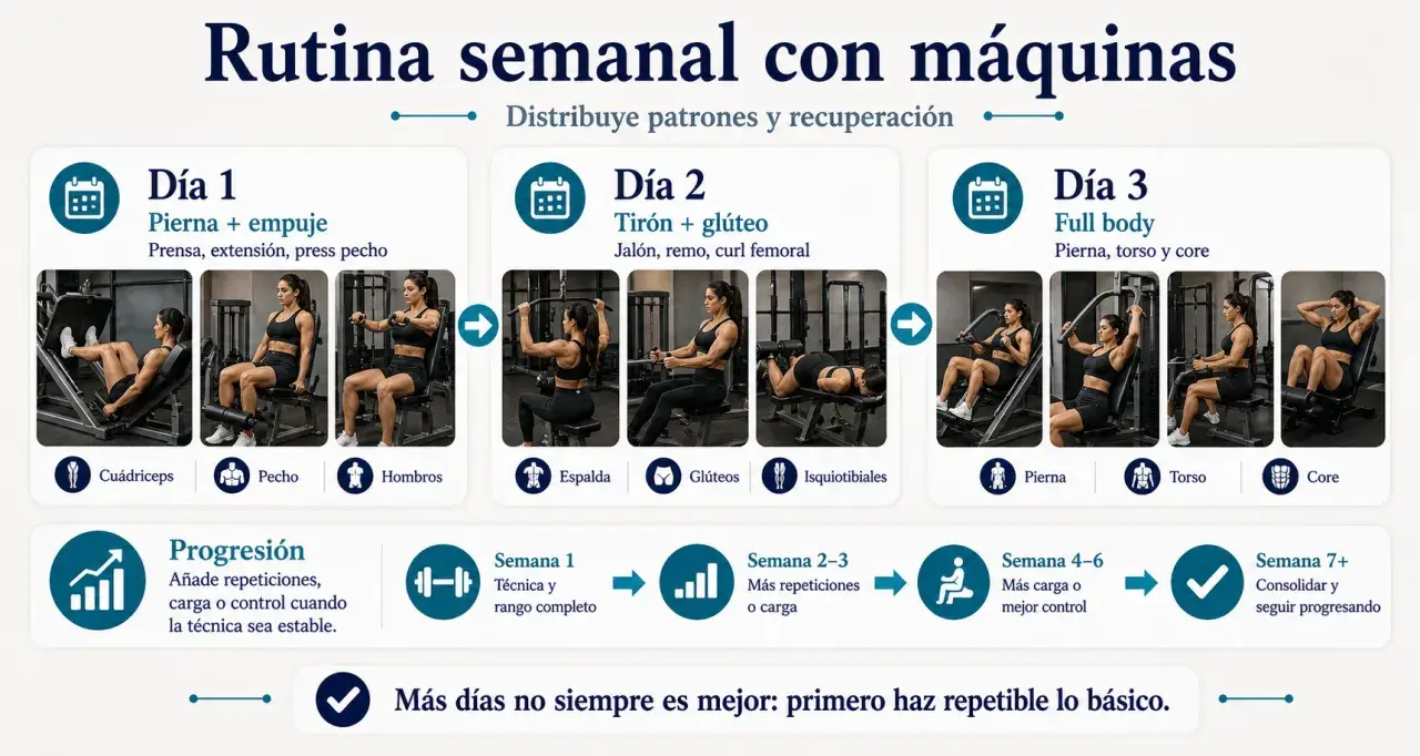 Rutina semanal con máquinas: Día 1 (pierna/empuje), Día 2 (tirón/glúteo), Día 3 (full body). Una mujer realiza ejercicios de pesas.