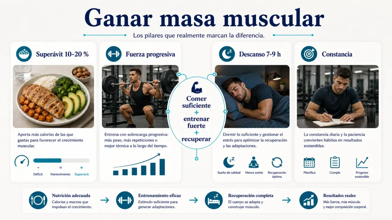 Claves para ganar masa muscular: superávit calórico, entrenamiento de fuerza, descanso y constancia.