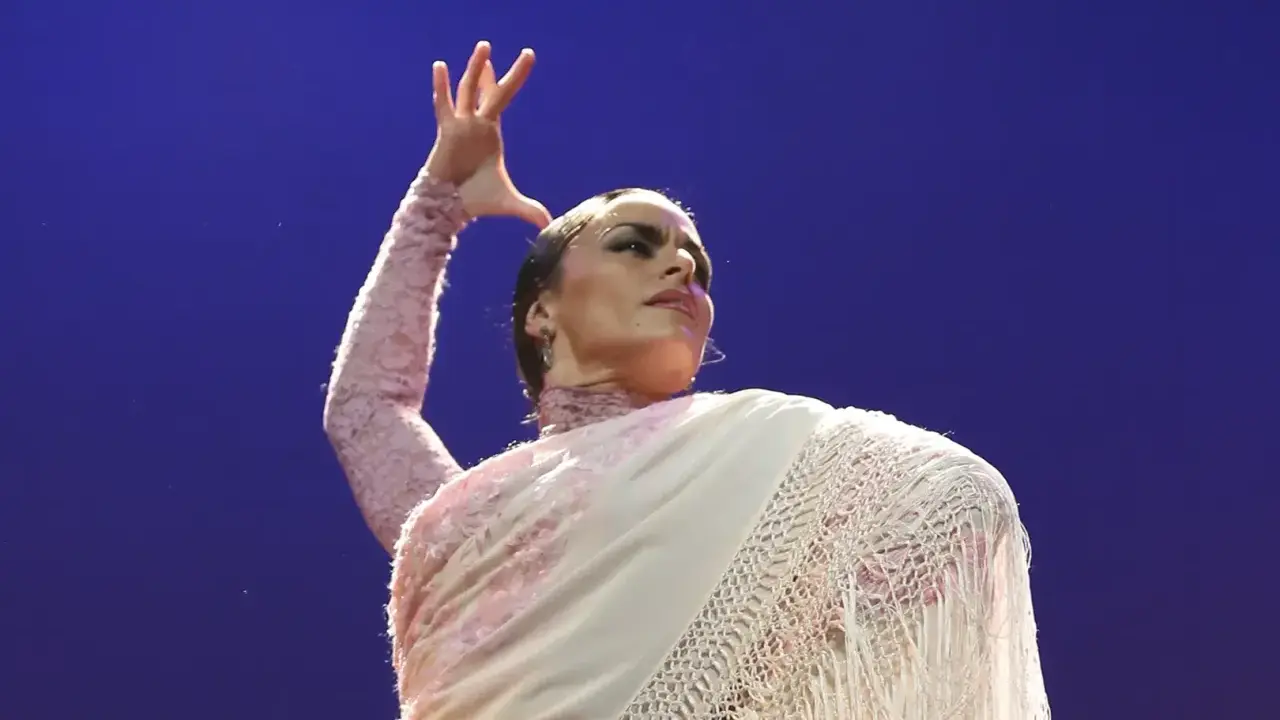 Bailarina de flamenco con un mantón, su expresión y gesto transmiten el profundo flamenco dance meaning.