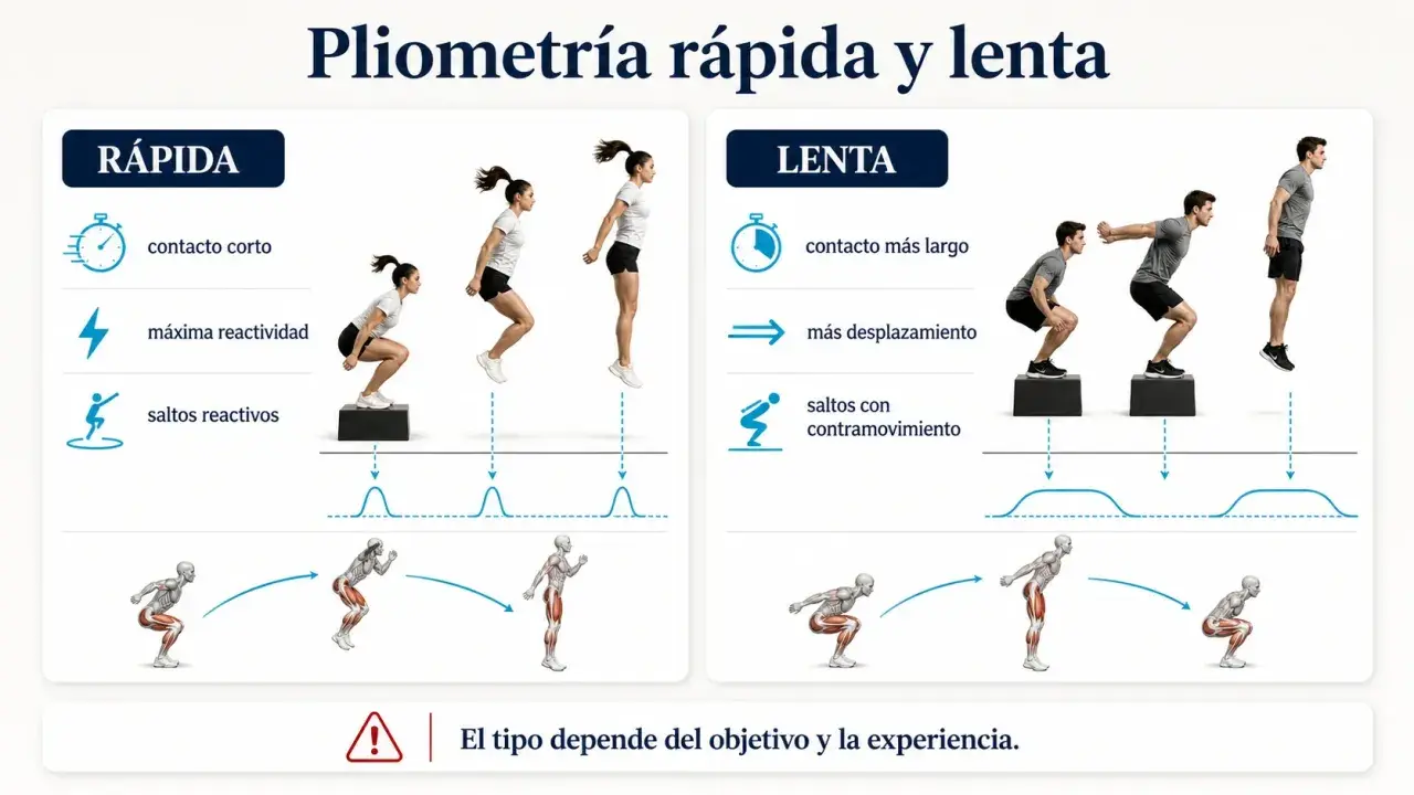 Demuestra la pliometría rápida y lenta, explicando para qué sirve la pliometría: mejorar contacto, reactividad y desplazamientos.
