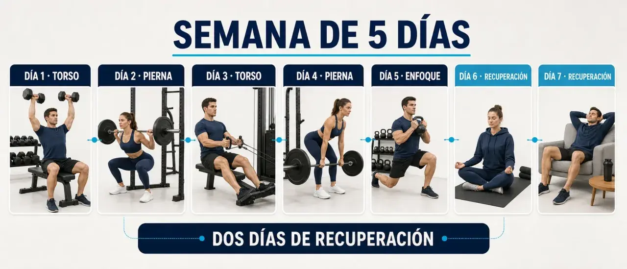 Rutina para perder peso: 5 días de entrenamiento (torso, pierna, torso, pierna, enfoque) y 2 días de recuperación activa y descanso.