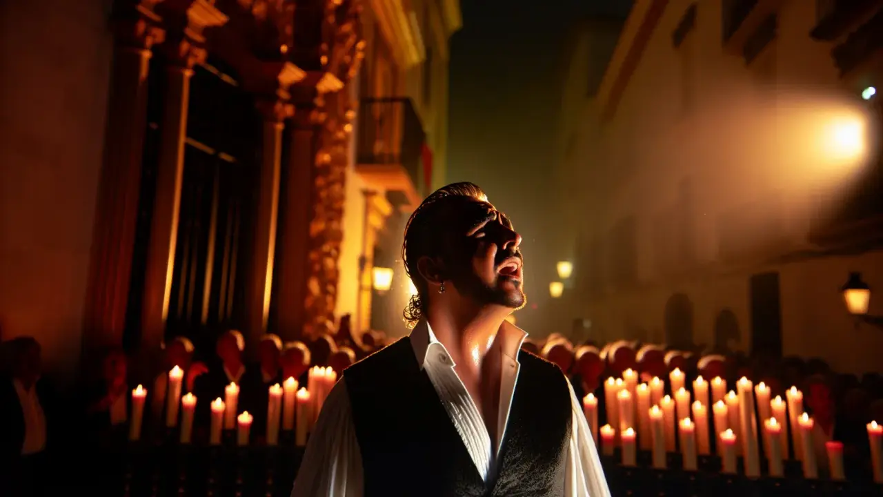 Un hombre canta flamenco con pasión, rodeado de velas y una multitud. La escena evoca la emoción del cante jondo.