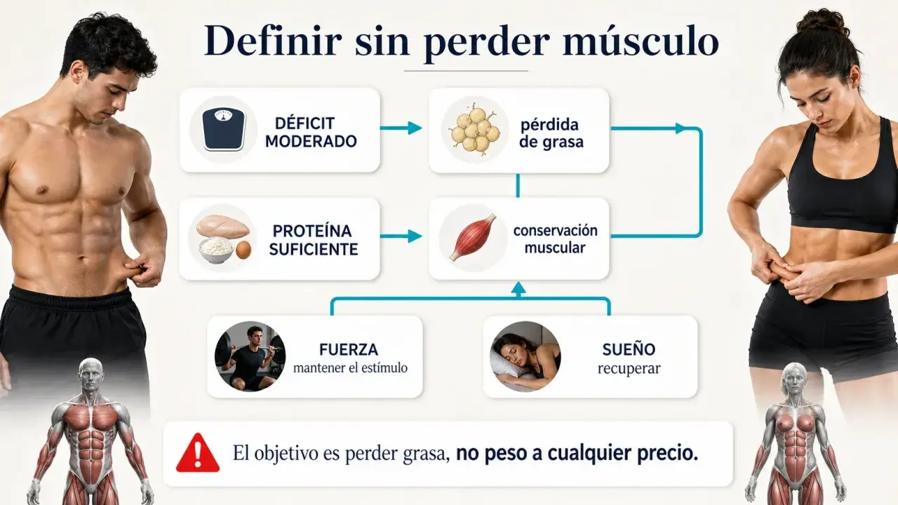 Hombre con cuerpo gym, diagrama sobre cómo definir músculo: déficit moderado, proteína, fuerza y sueño.
