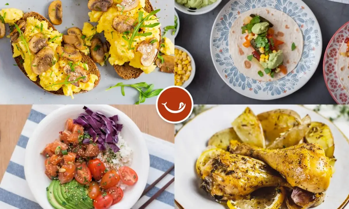 Cuatro opciones de menús diarios saludables: tostadas con huevo y champiñones, tacos, poke bowl y pollo asado con patatas y limón.