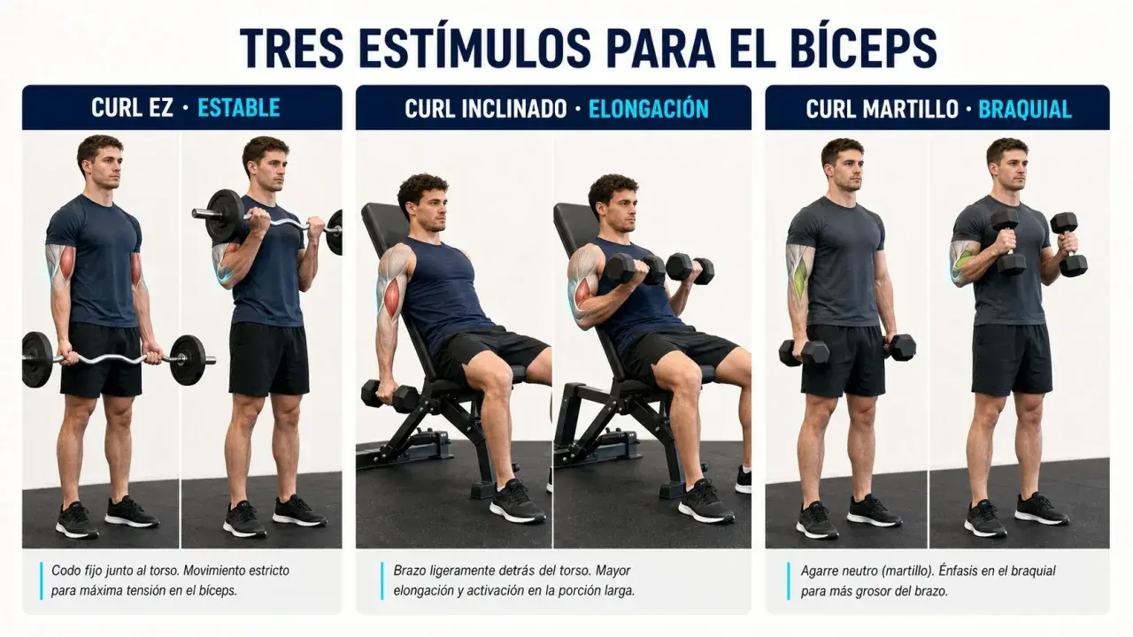 Hombre realizando curl con barra, curl inclinado y curl martillo para estimular el bíceps.
