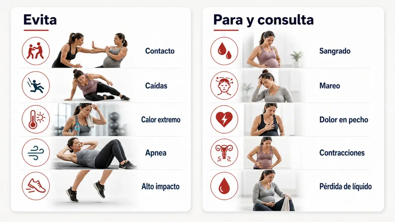 Guía de ejercicios para embarazadas: evita contacto, caídas, calor extremo, apnea y alto impacto. Consulta si hay sangrado, mareo, dolor de pecho, contracciones o pérdida de líquido.