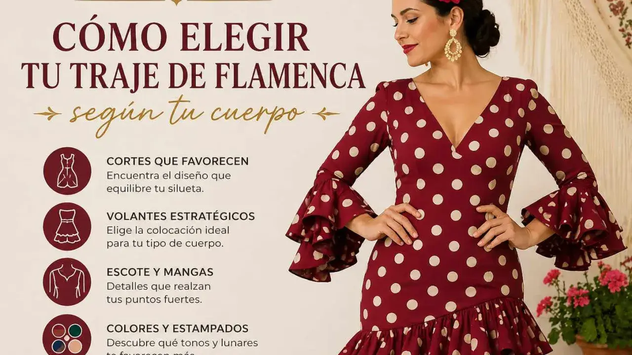 Guía para elegir tipos de trajes de flamenca según tu cuerpo: cortes, volantes, escote, mangas, colores y estampados.