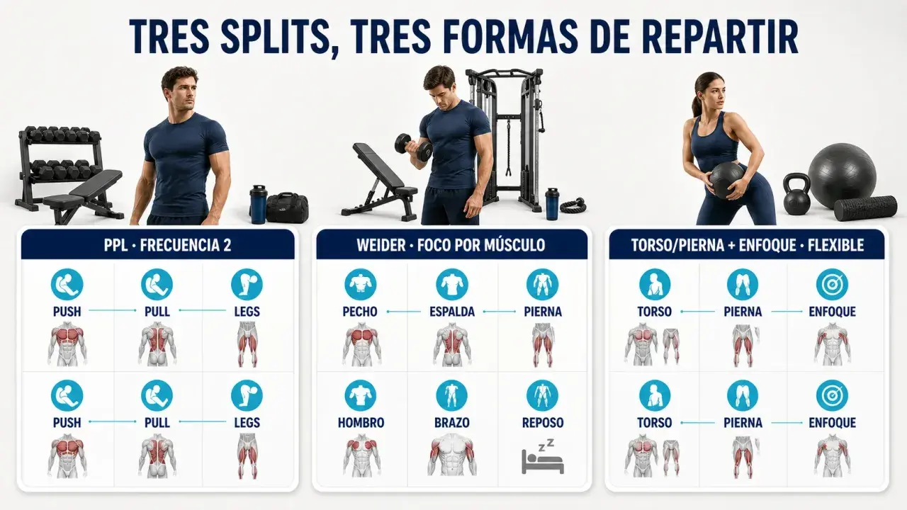 Infografía con tres rutinas de entrenamiento: PPL, Weider y Torso/Pierna. Ofrece consejos deportivos para optimizar tu rutina.