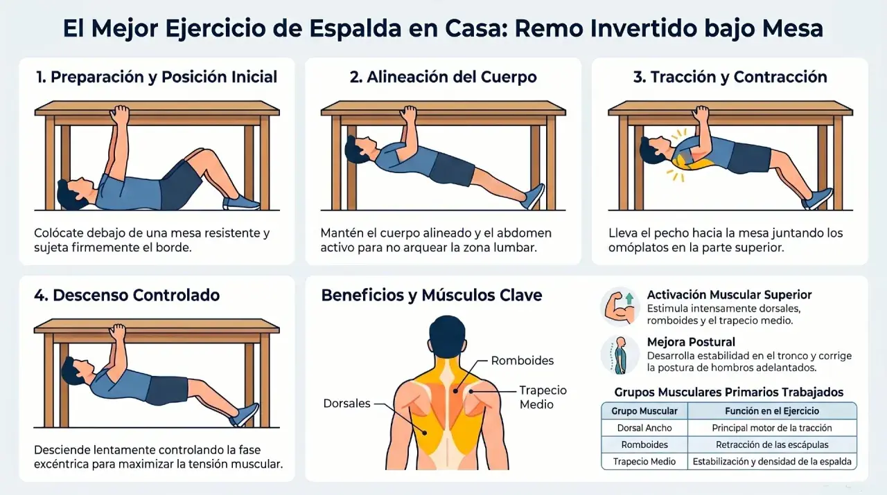 Ilustración de ejercicios de espalda en casa: remo invertido bajo mesa. Muestra preparación, alineación, tracción y descenso controlado.