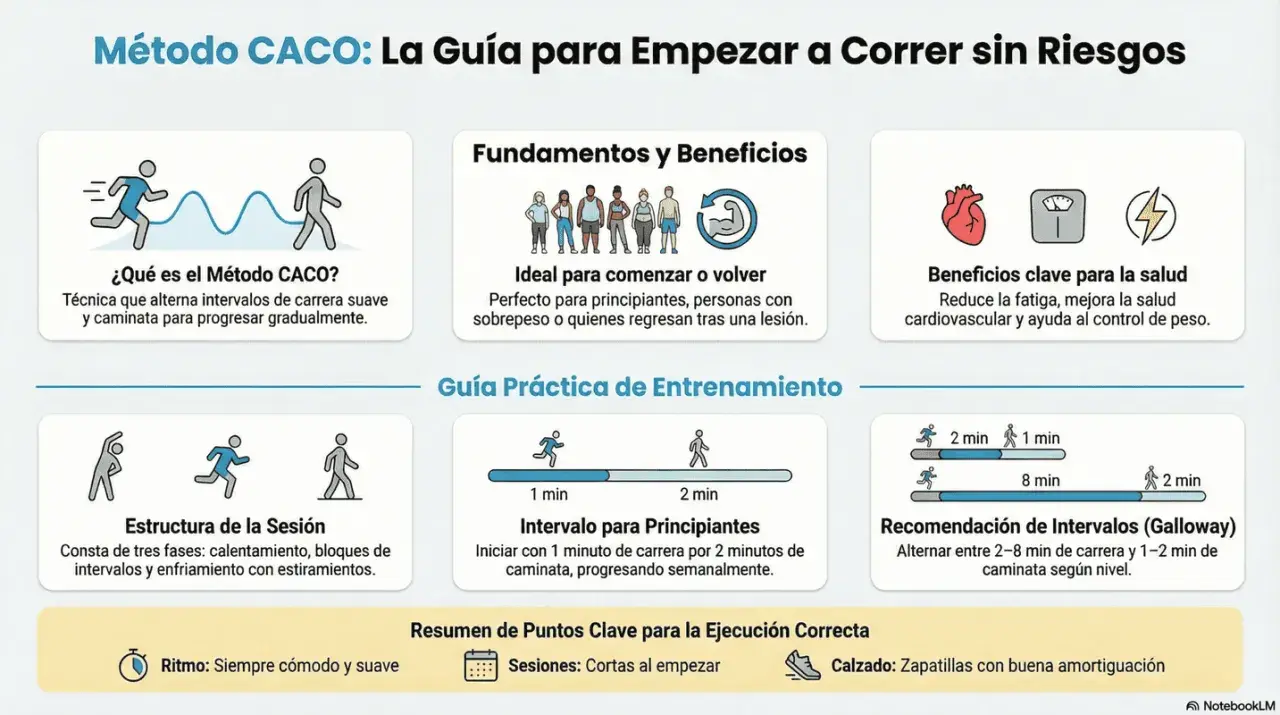 Guía para correr y andar a intervalos. Muestra el método CACO, sus beneficios, estructura de sesión y recomendaciones para principiantes.