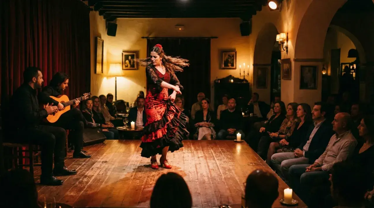 Una bailaora de flamenco en vivo, con un vestido rojo y negro, gira en un escenario de madera. Dos guitarristas la acompañan mientras el público observa.