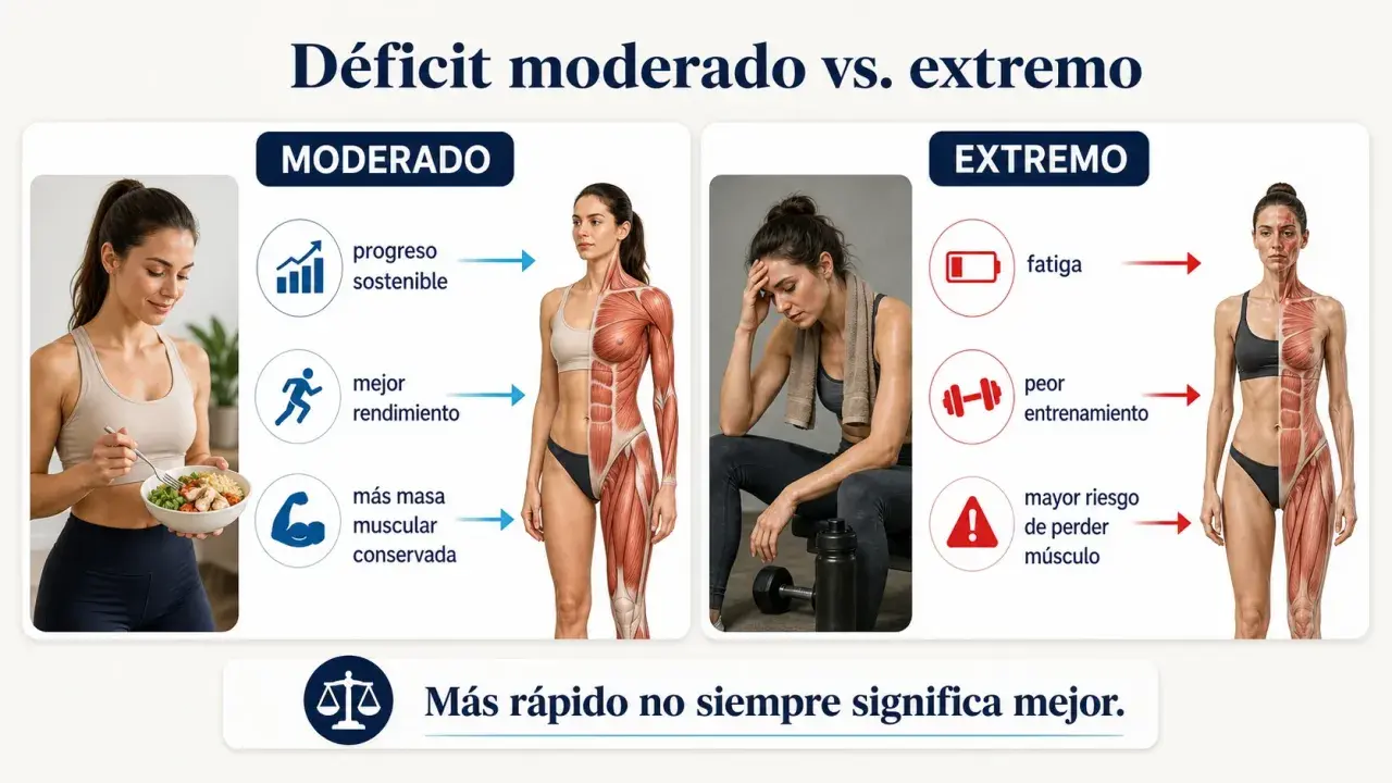 Comparación de cómo definir el cuerpo mujer: moderado (progreso sostenible, mejor rendimiento, más masa muscular) vs. extremo (fatiga, peor entrenamiento, riesgo de perder músculo).