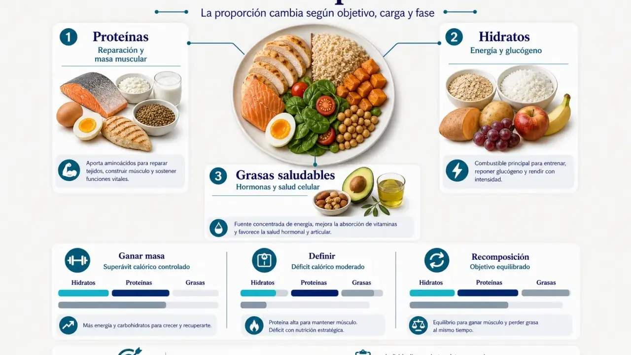 Plato con salmón, pollo, huevo, arroz, batata y aguacate. Guía sobre qué comer después de entrenar, enfocada en proteínas, hidratos y grasas.