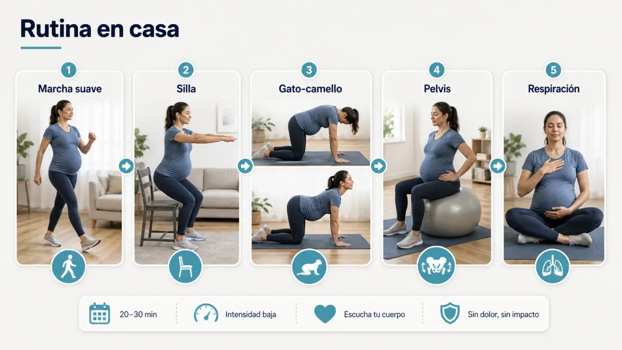 Rutina de entrenamiento para embarazadas en casa: marcha, sentadillas, gato-camello, pelvis y respiración.
