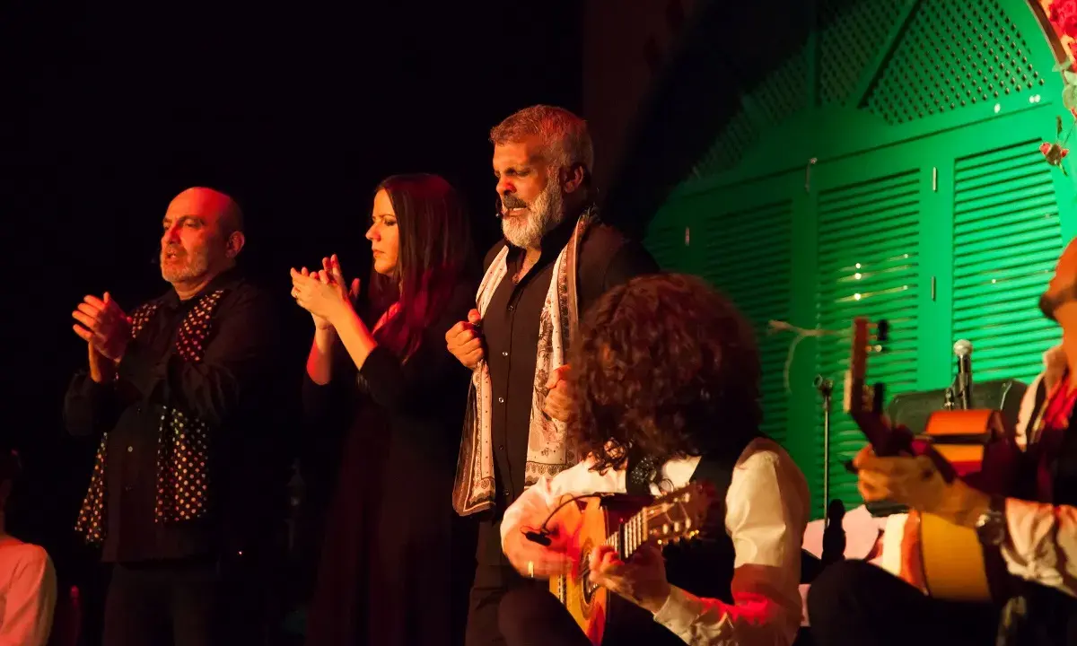 Artistas flamencos andaluces actuales en un escenario, con guitarras y palmas.