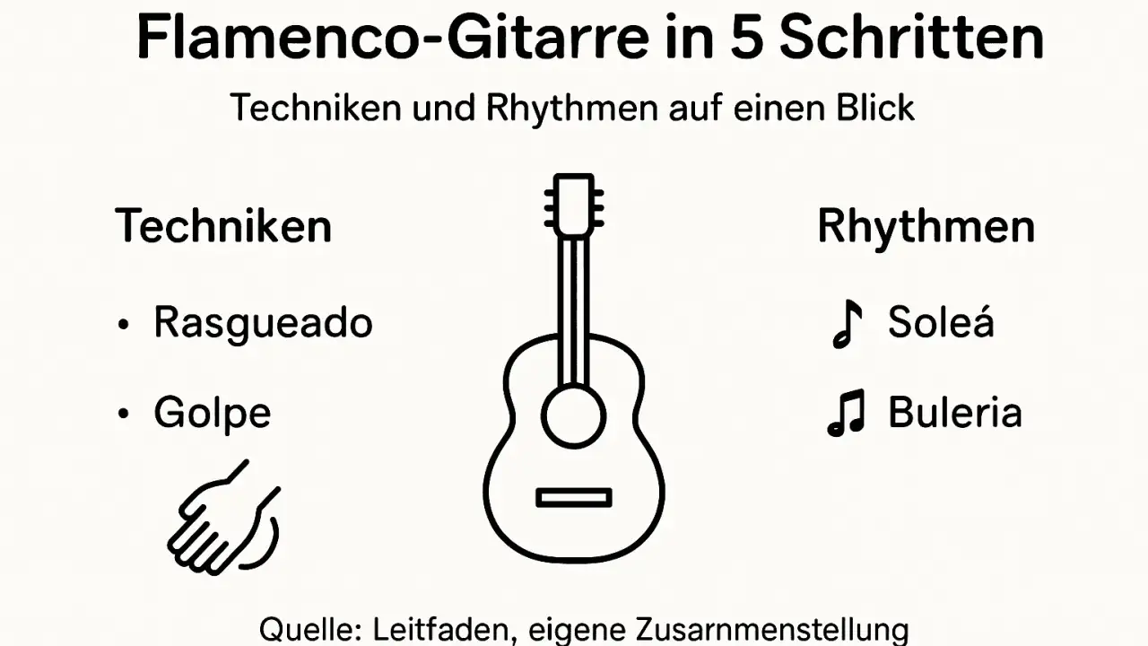 Ilustración de guitarra flamenca con técnicas como rasgueado y golpe, y ritmos como Soleá y Buleria.