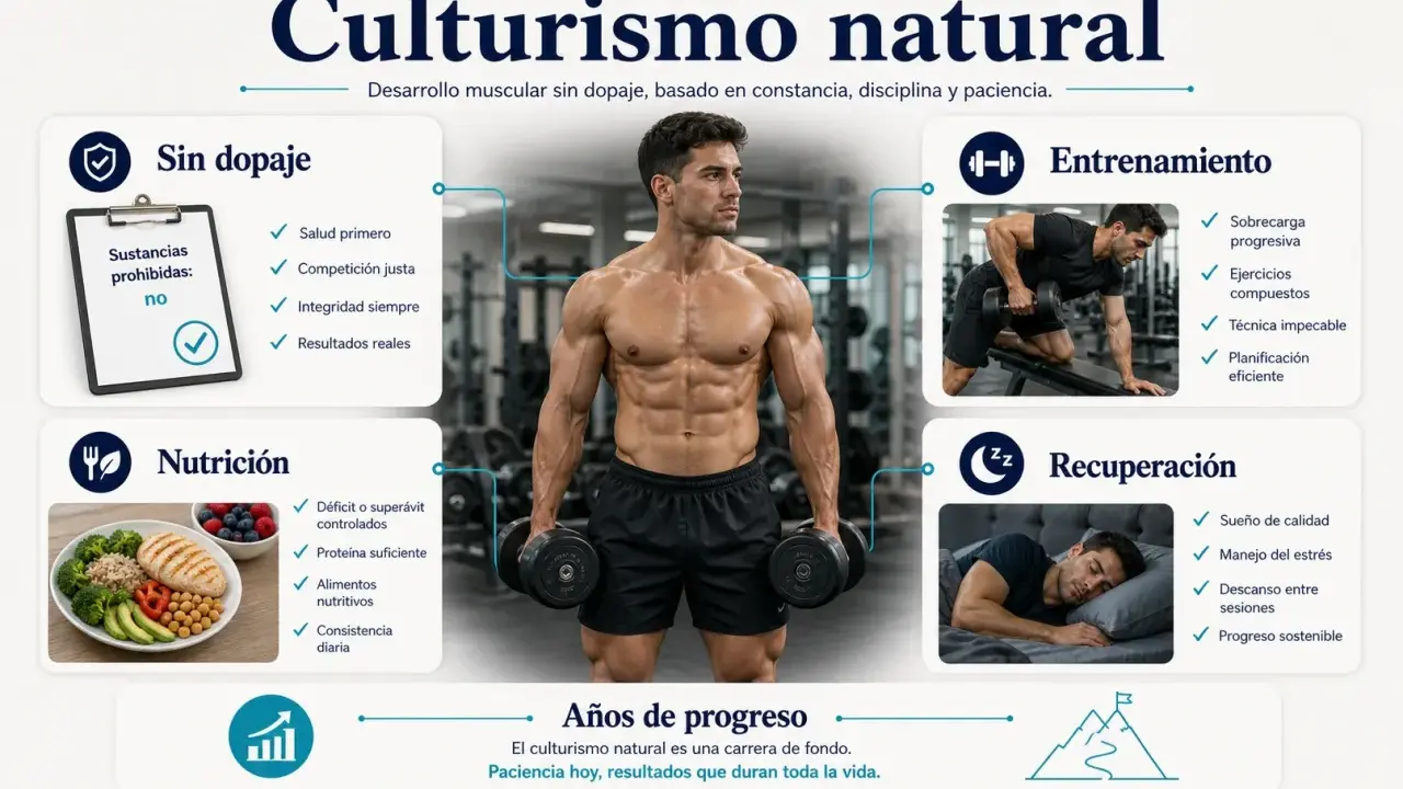 Hombre fitness natural con músculos definidos, rodeado de información sobre entrenamiento, nutrición y recuperación.