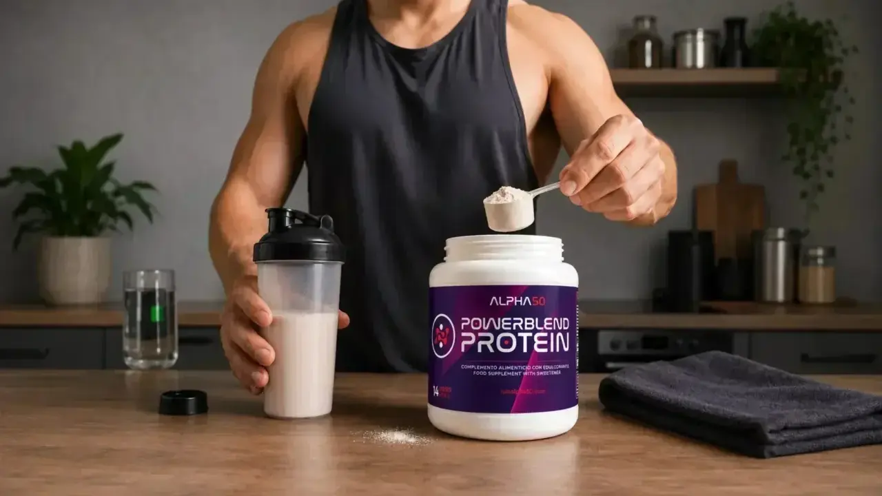 Hombre preparando batido de proteínas. El momento ideal para tomar proteínas es clave para tus objetivos.