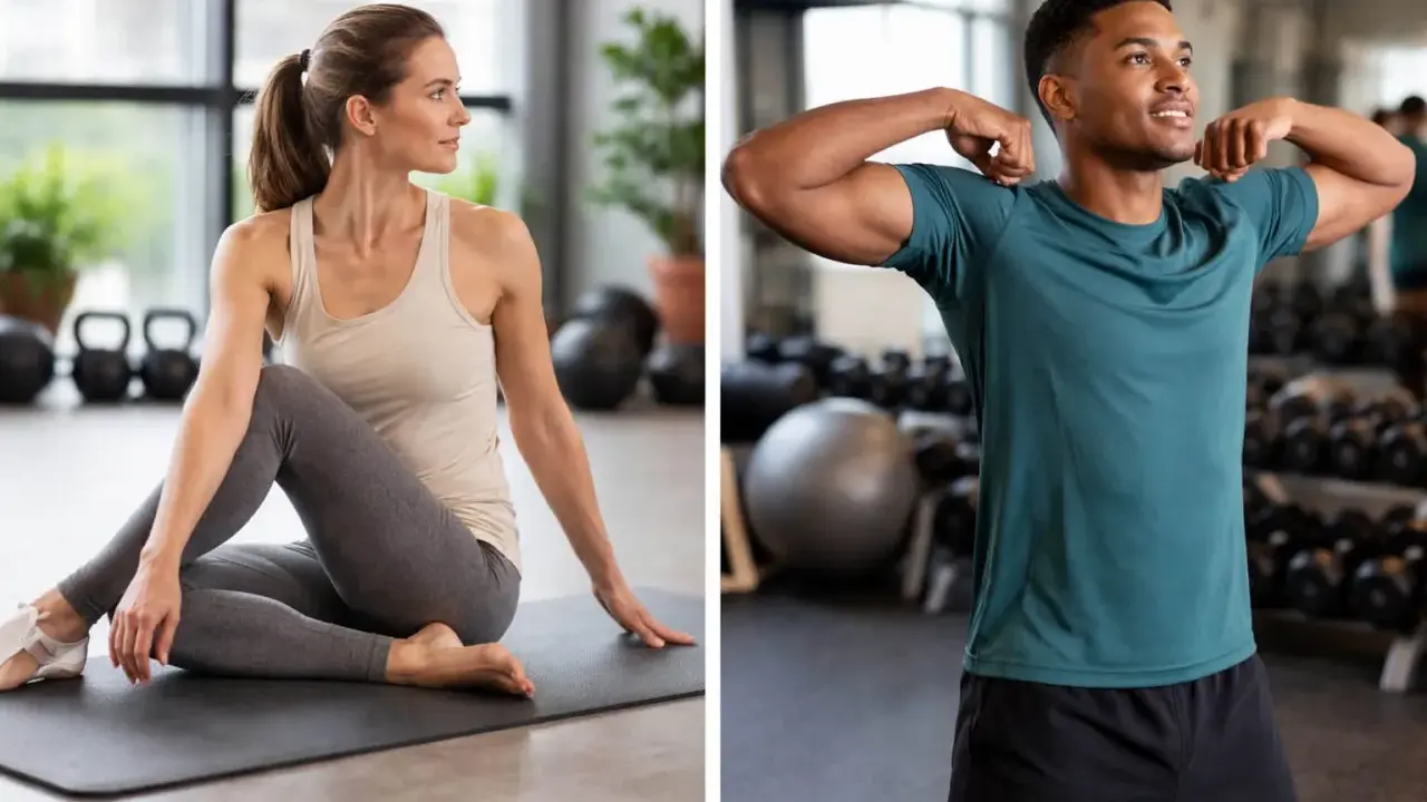 Mujer en yoga para movilidad articular piernas, hombre mostrando bíceps en gimnasio.