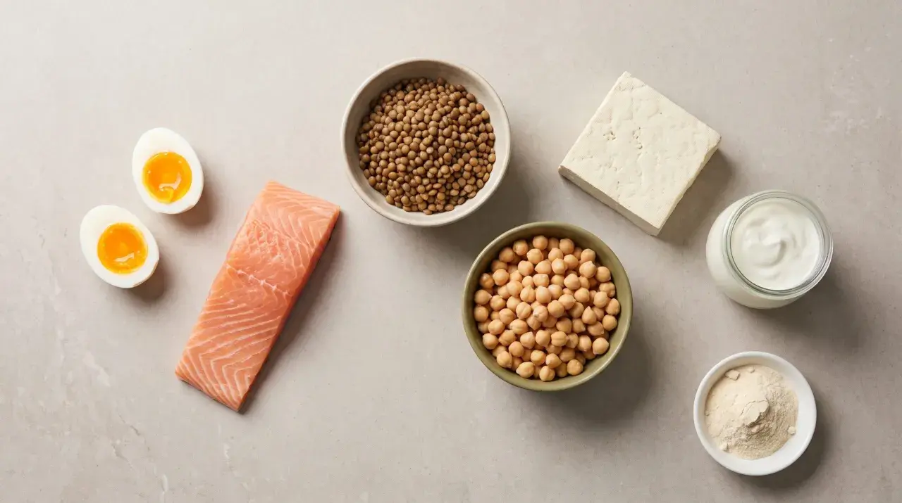 Huevos, salmón, lentejas, garbanzos, tofu, yogur y proteína en polvo. Variedad de alimentos para saber cuanta proteína consumir al día.