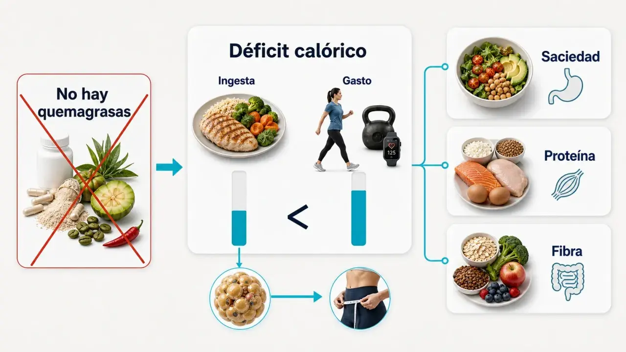 Ilustración sobre déficit calórico: menos ingesta que gasto, sin "quemagrasas", promoviendo saciedad, proteína y fibra para reducir grasa corporal.