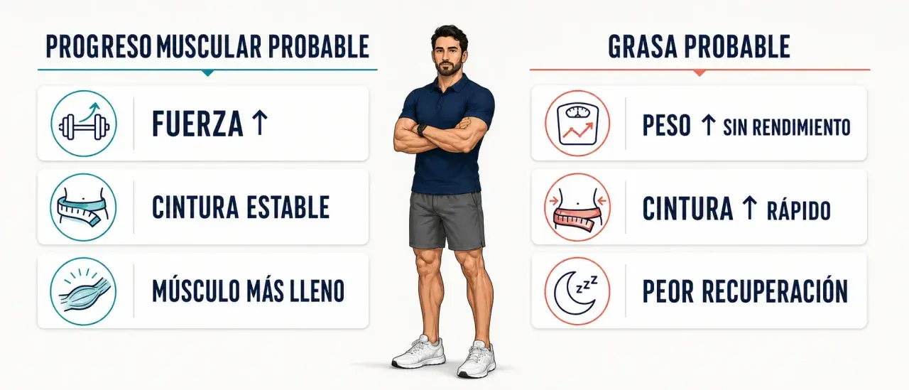 ¿Cómo saber si estoy ganando masa muscular o grasa? Señales: fuerza y músculo lleno vs. peso y cintura subiendo rápido.