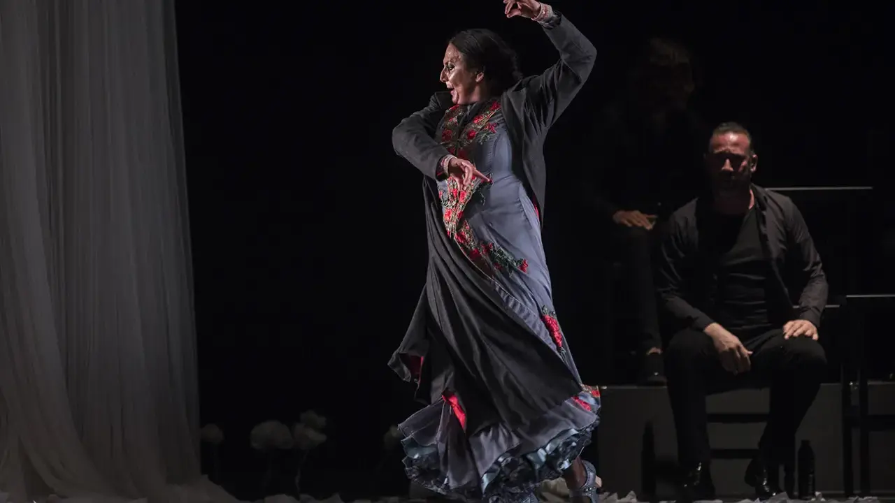 Una bailaora de flamenco en pleno movimiento, con su falda ondeando y un hombre sentado observando.