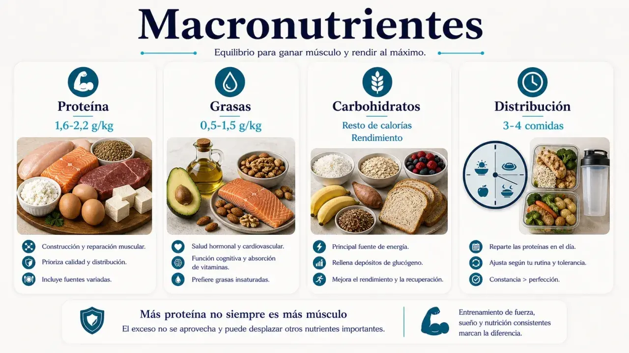 Guía de dieta para perder grasa y ganar masa muscular: proteínas, grasas, carbohidratos y distribución de comidas.