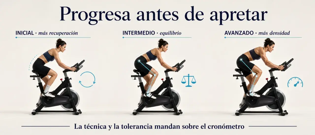 Mujer en bicicleta estática, mostrando progresión en tres niveles: inicial, intermedio y avanzado. Ejemplos de HIIT para mejorar resistencia.