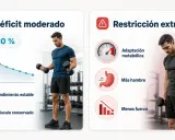 Comparativa: cómo hacer un déficit calórico moderado (10-20%) para rendimiento estable y músculo conservado, vs. restricción extrema con adaptación metabólica, más hambre y menos fuerza.