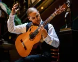 Un guitarrista flamenco interpreta las mejores letras, con pasión y arte, mientras un pavo real observa atentamente.
