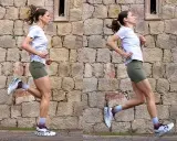 Mujer corriendo a toda velocidad contra un muro de piedra. Su cuerpo muestra la potencia y el dinamismo del correr.
