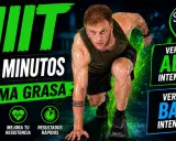 Hombre sudoroso en posición de carrera, listo para un entrenamiento de cardio hiit de 15 minutos. Quema grasa, mejora resistencia.