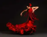 Bailarina de flamenco con vestido rojo voluminoso y mantón de flecos. Un ejemplo de las curiosidades del flamenco, su pasión y elegancia.