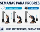 Progresión de 4 semanas para abdominales superiores con polea. Mejora técnica, rango, control, carga y consolida.