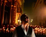 Un hombre canta flamenco con pasión, rodeado de velas y una multitud. La escena evoca la emoción del cante jondo.