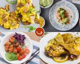 Cuatro opciones de menús diarios saludables: tostadas con huevo y champiñones, tacos, poke bowl y pollo asado con patatas y limón.
