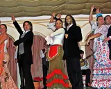 Artistas muestran cómo se bailan las sevillanas con pasión y gracia. Vestidos vibrantes y castañuelas llenan el escenario.
