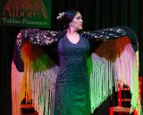 Una bailaora flamenca, con un mantón bordado y flecos de colores, se prepara para su actuación en el tablao Alborea.