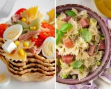 Dos ensaladas de pasta saludable con farfalle, atún, huevo duro, tomate y maíz, una servida en cesta crujiente.