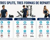 Infografía con tres rutinas de entrenamiento: PPL, Weider y Torso/Pierna. Ofrece consejos deportivos para optimizar tu rutina.